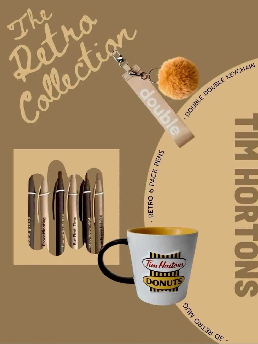 Tim Hortons Retro Collection NIB Bundle: 3D Mug, 6-Pack Quote Pens, Pom Keychain